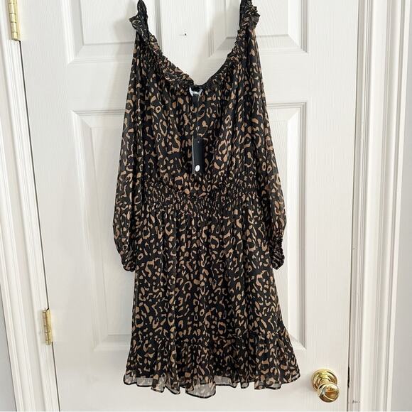 NWT FATE Leopard Off the Shoulder Dress SMALL S Brown Black Animal Print - Picture 12 of 13